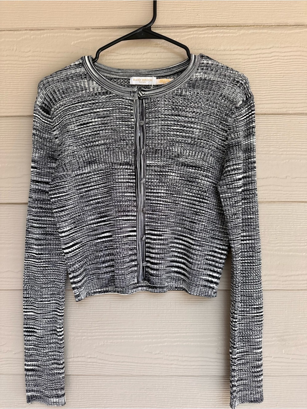 Ramy Brook Cardigan Sweater Womens Medium Black White Space Dye Cropped Knit NWT